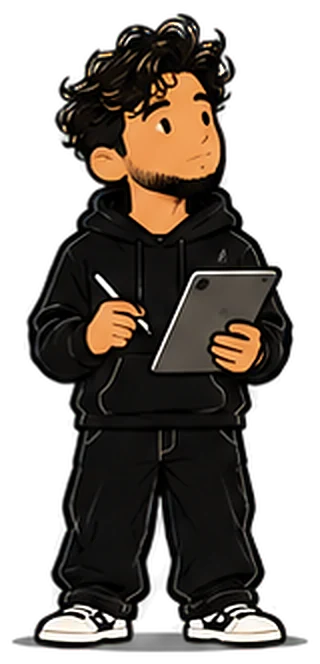 Ilustración de Esteban con hoodie negro, escribiendo en una tableta